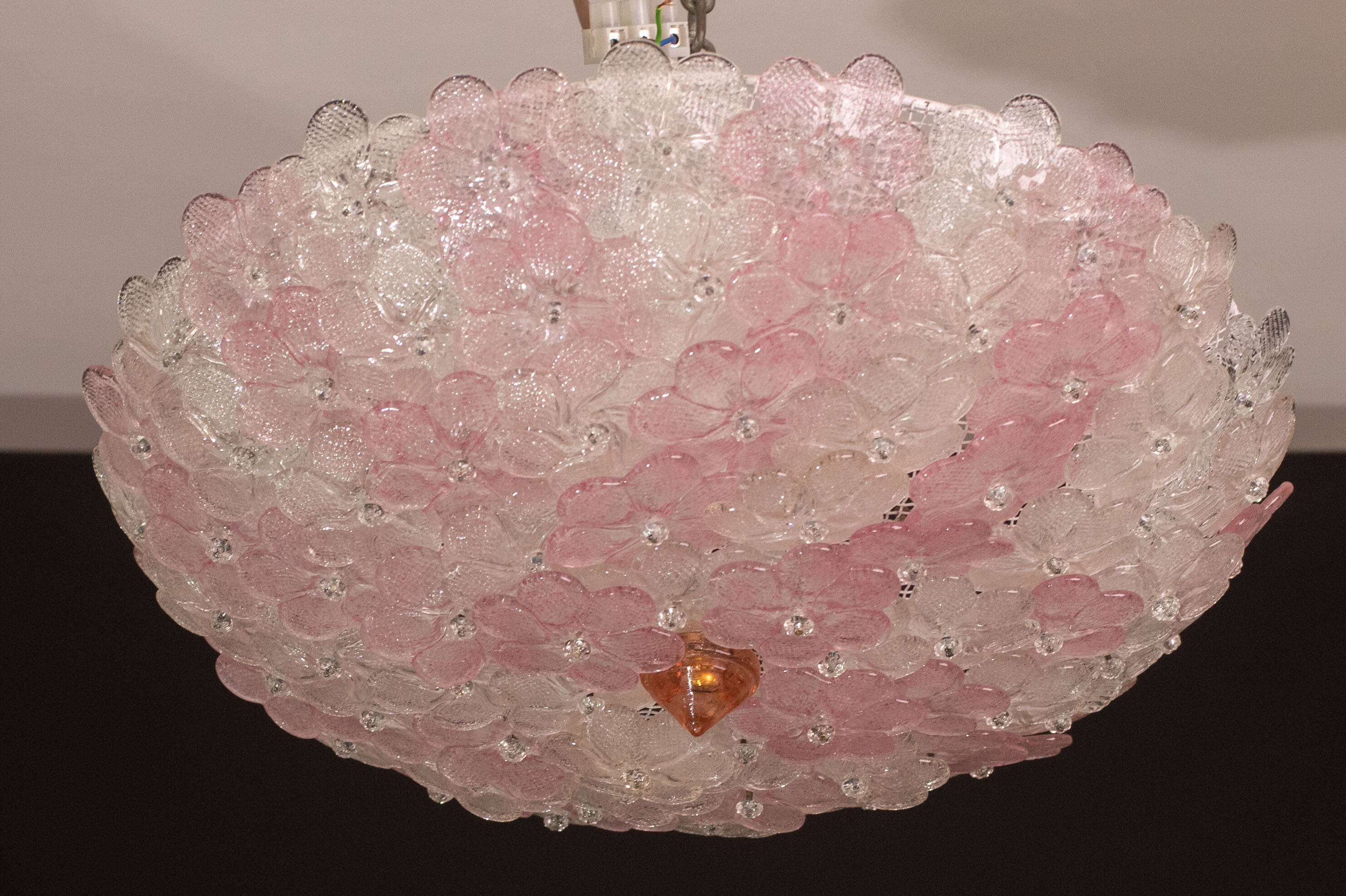 Charming Large Size Murano Ceiling Light Pink Flower by Seguso for Venini,