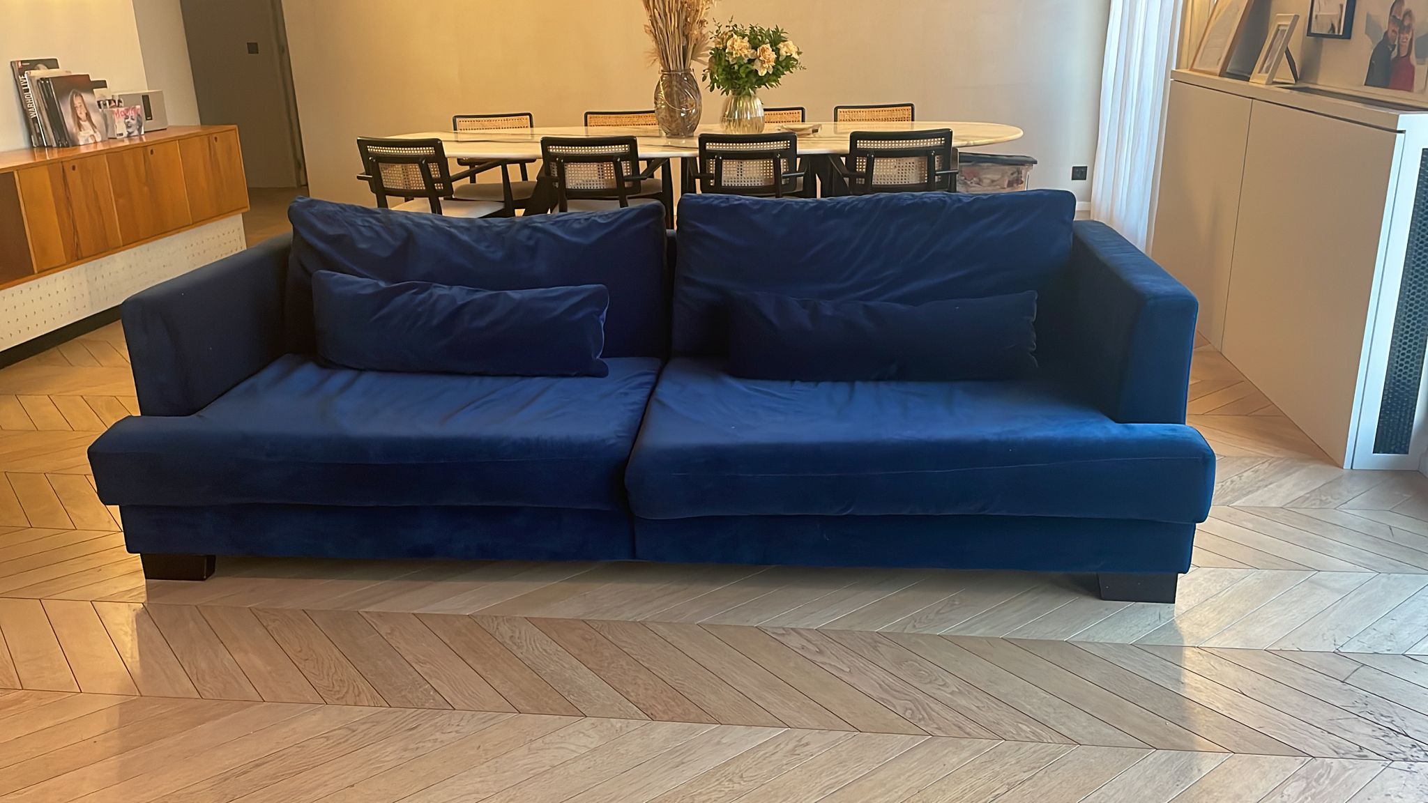 Navy blue velvet sofa