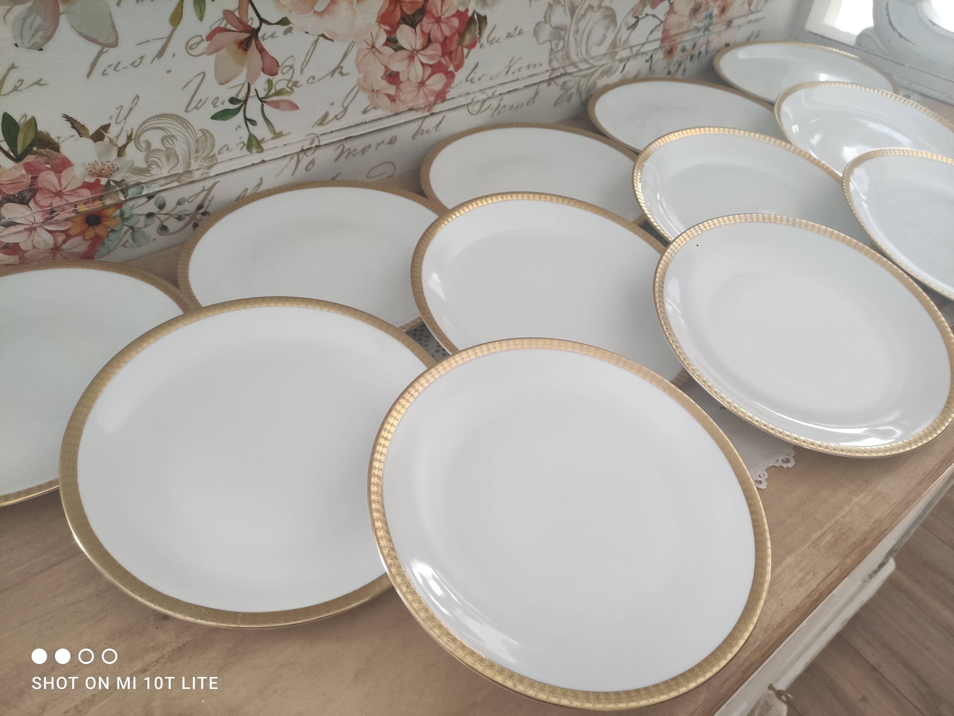 Lot de 12 assiettes plates en porcelaine blanche Euro Porcelaine frise dorée