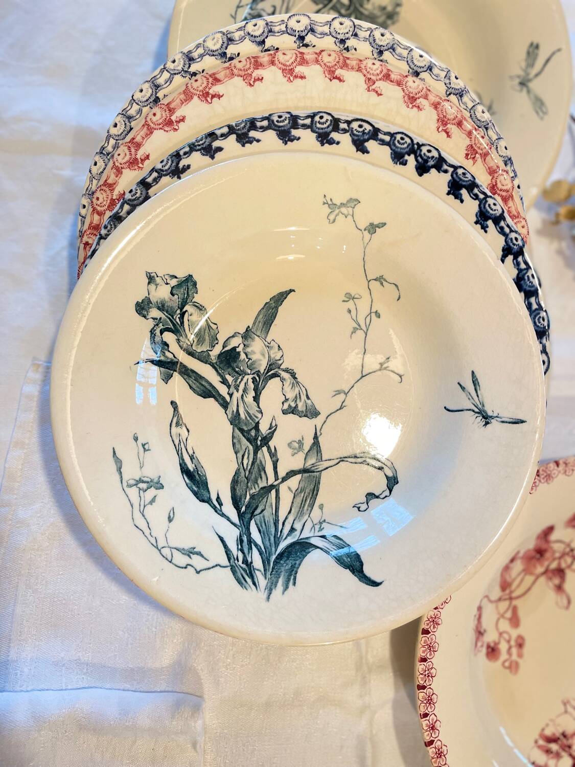 6 Mismatched Terre de Fer Hollow Plates Gien Late 19th Early 20th