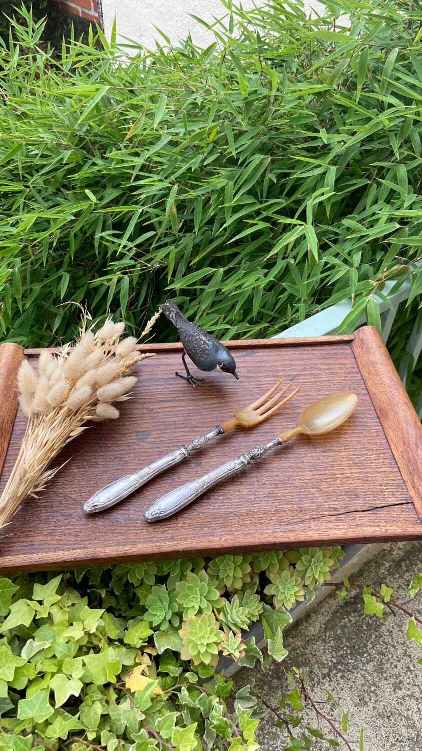 Salad cutlery in silver filled and horn early twentieth century