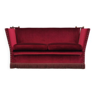 1970s, Danish velour 2 seater drop arm sofa, cherry-red velour, original condition.