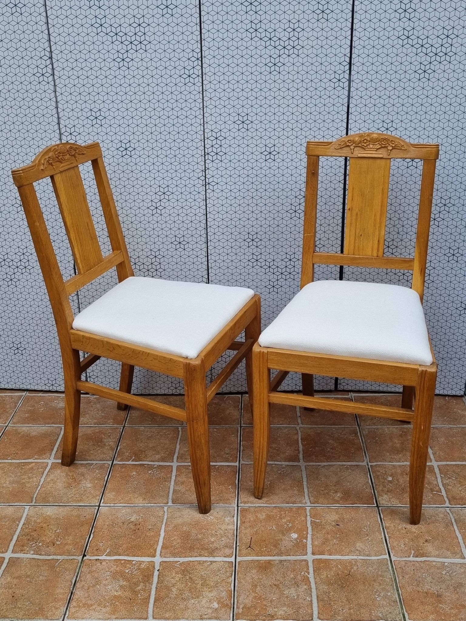 Set of 6 oak chairs, refurbished, Art Deco style, vintage, France