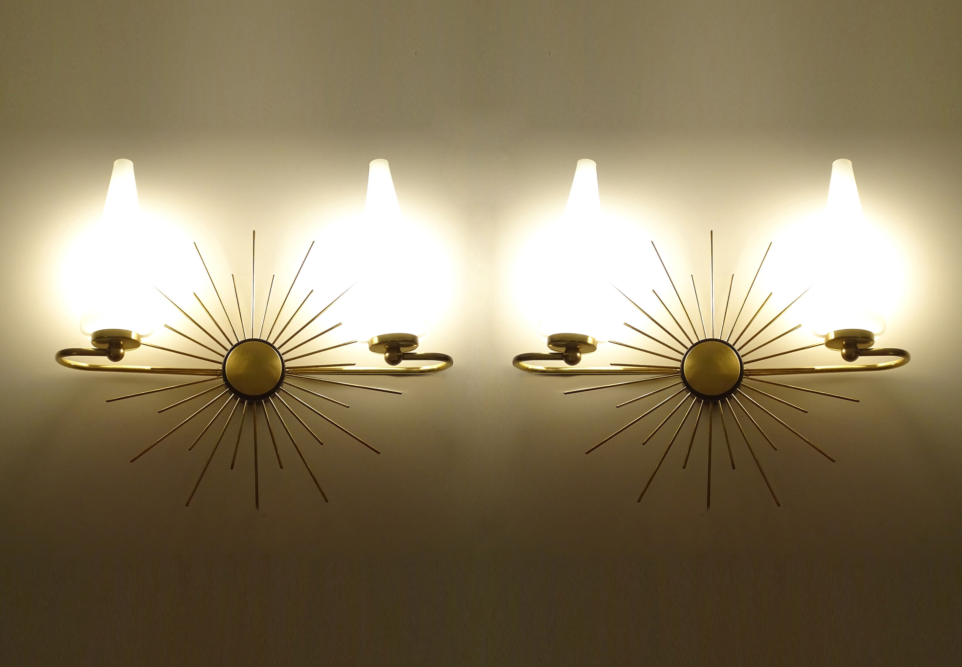Pair of vintage sconces, sun, glass and brass, 60s
