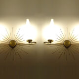 Pair of vintage sconces, sun, glass and brass, 60s