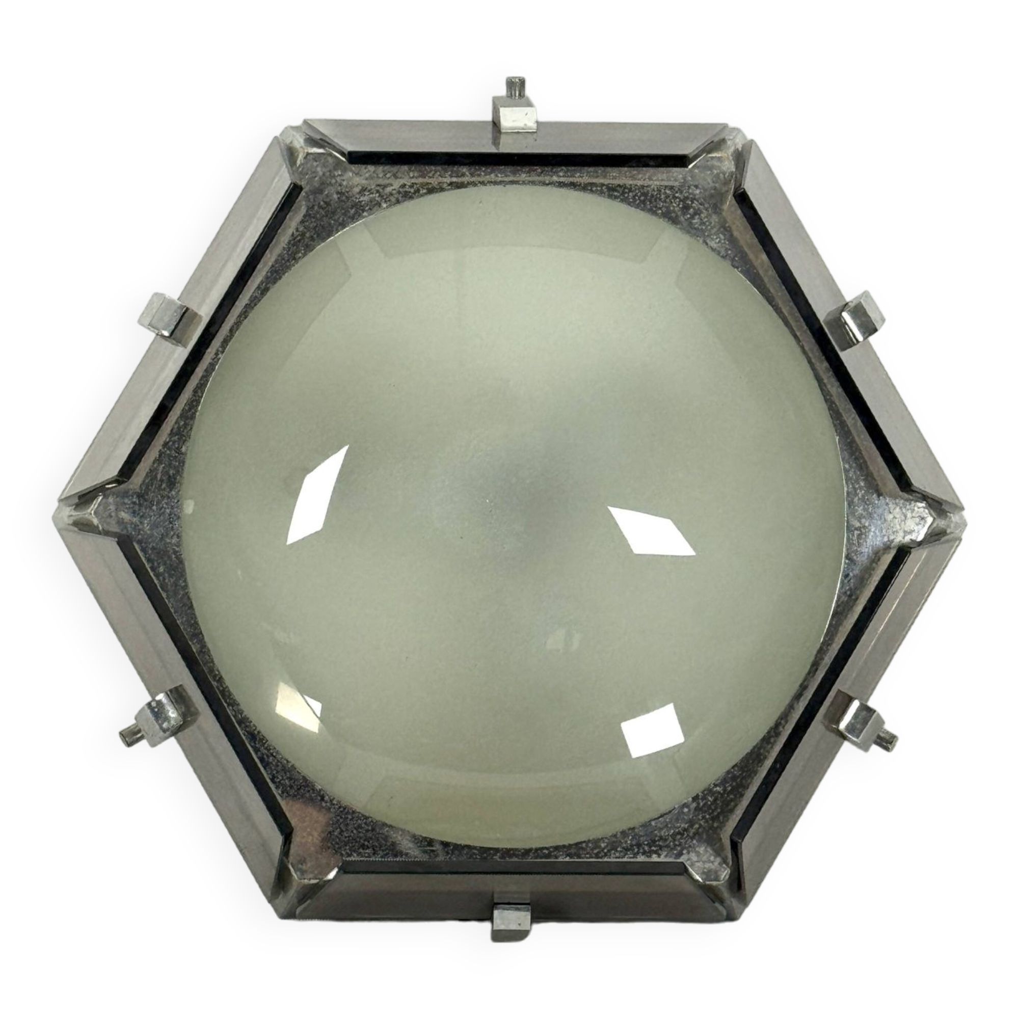 Veca, large exagonal ceiling lamp in glass and chrome. Italy 1970s