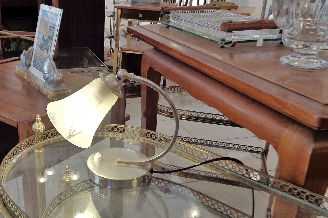 Art Deco metal lamp chrome and glass