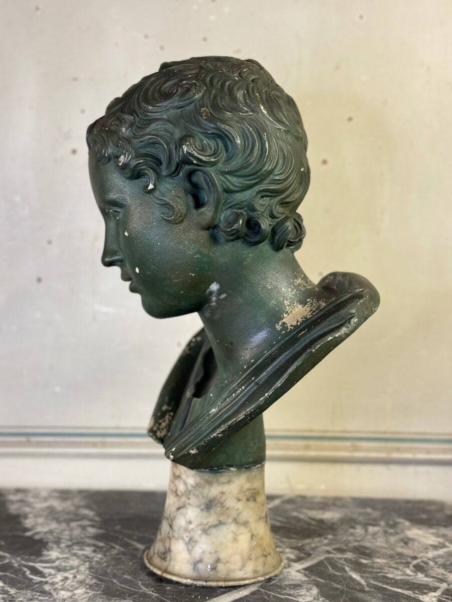 Young Boy, Plaster Bust with Green Patina, Circa 1900
