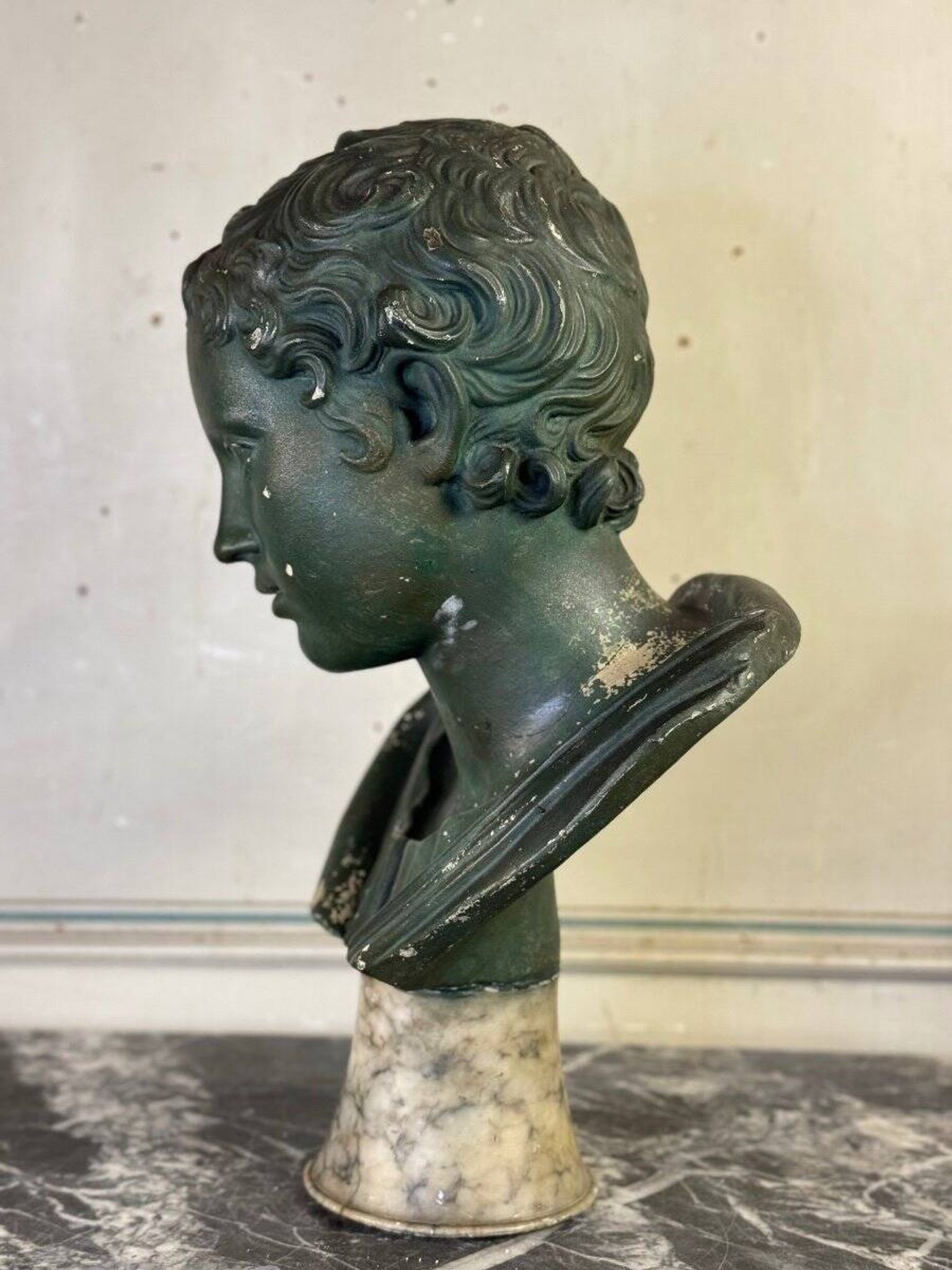 Young Boy, Plaster Bust with Green Patina, Circa 1900