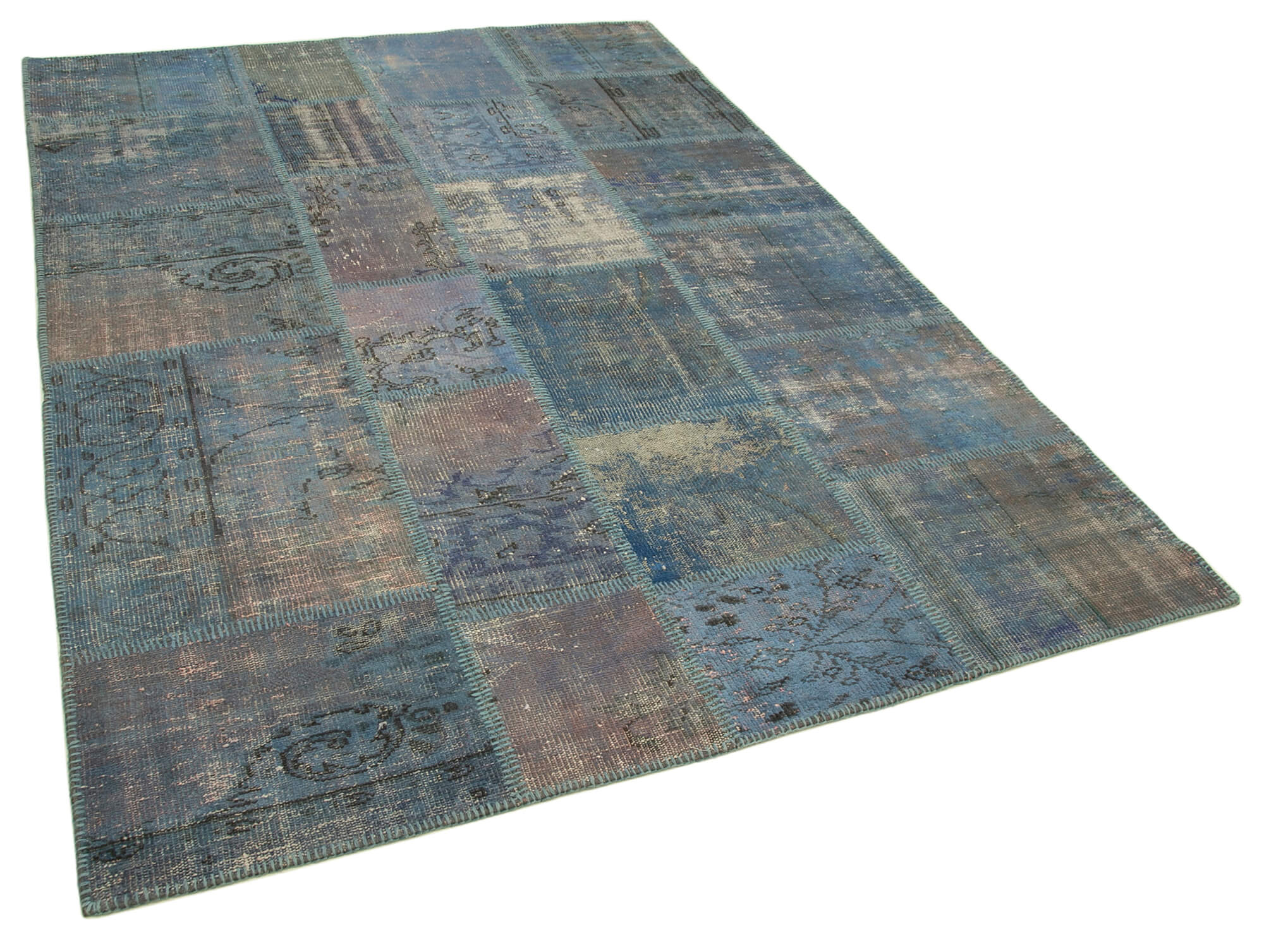 Hand-knotted anatolian contemporary 177 cm x 247 cm blue patchwork carpet
