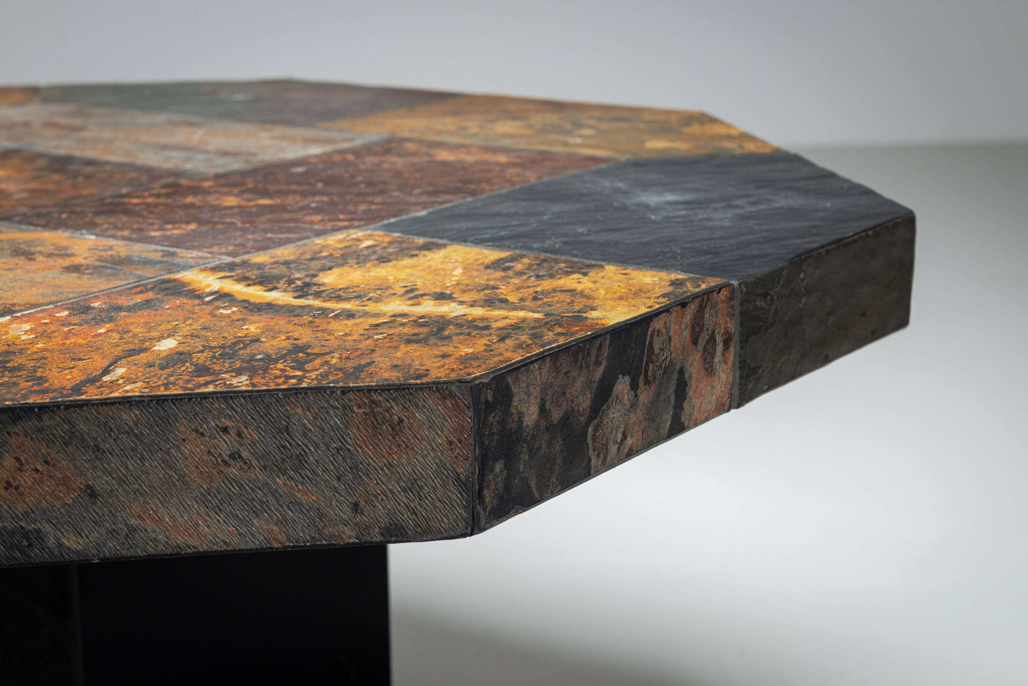 Large octagonal coffee table with multicoloured slate top