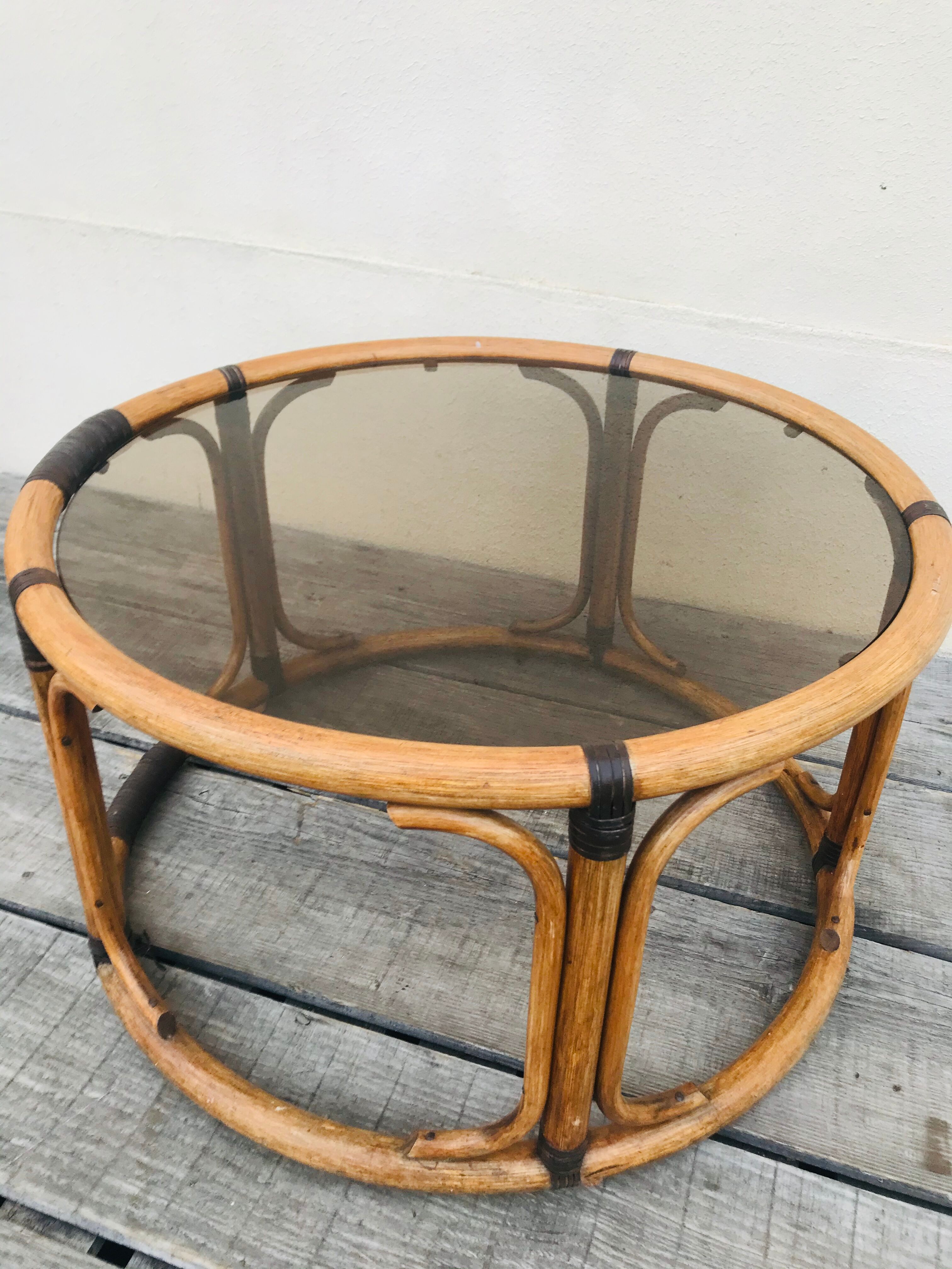 Bamboo round coffee table and vintage smoked glass 70