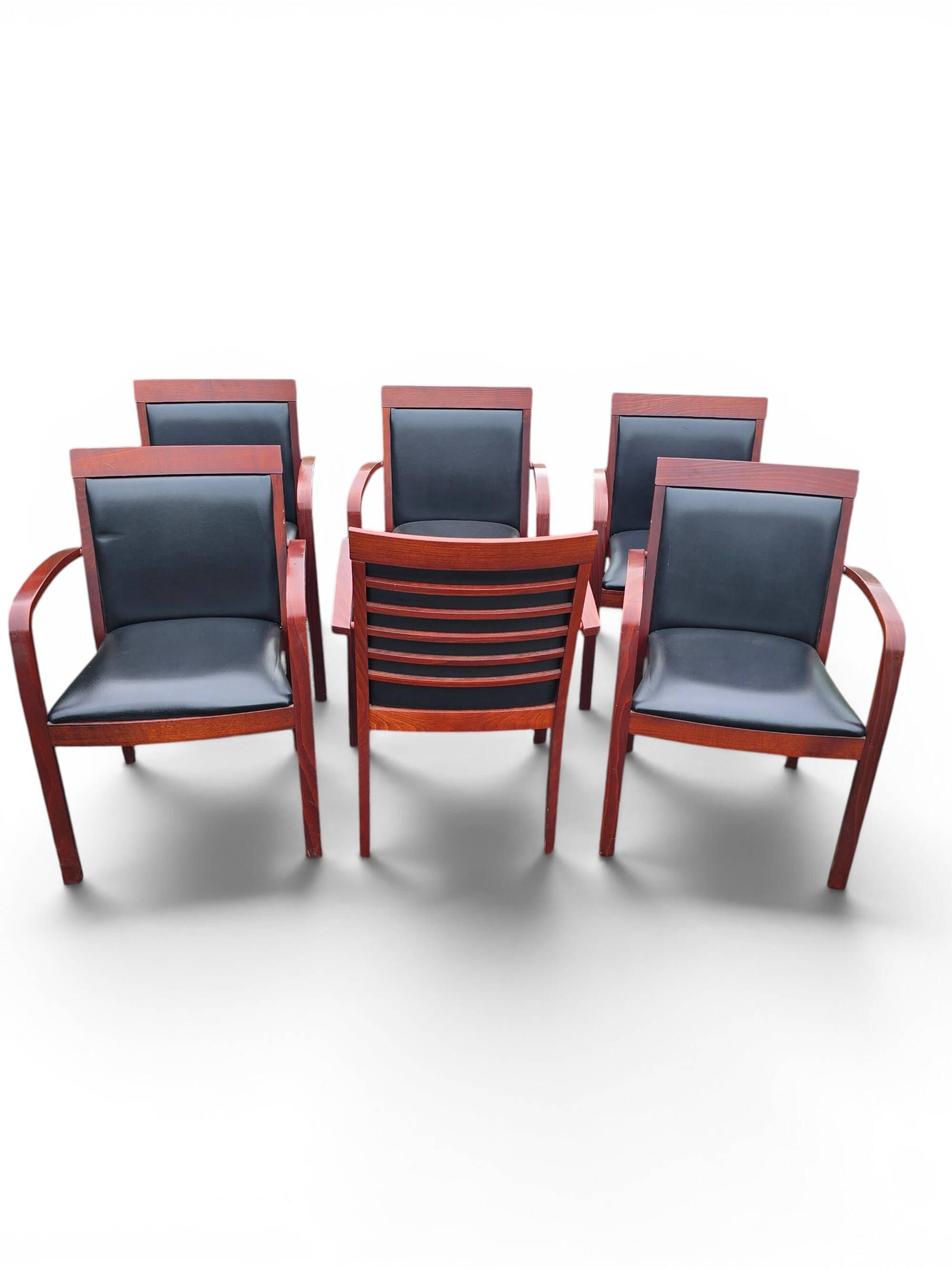 6 contemporary bridge chairs in mahogany wood and black leather