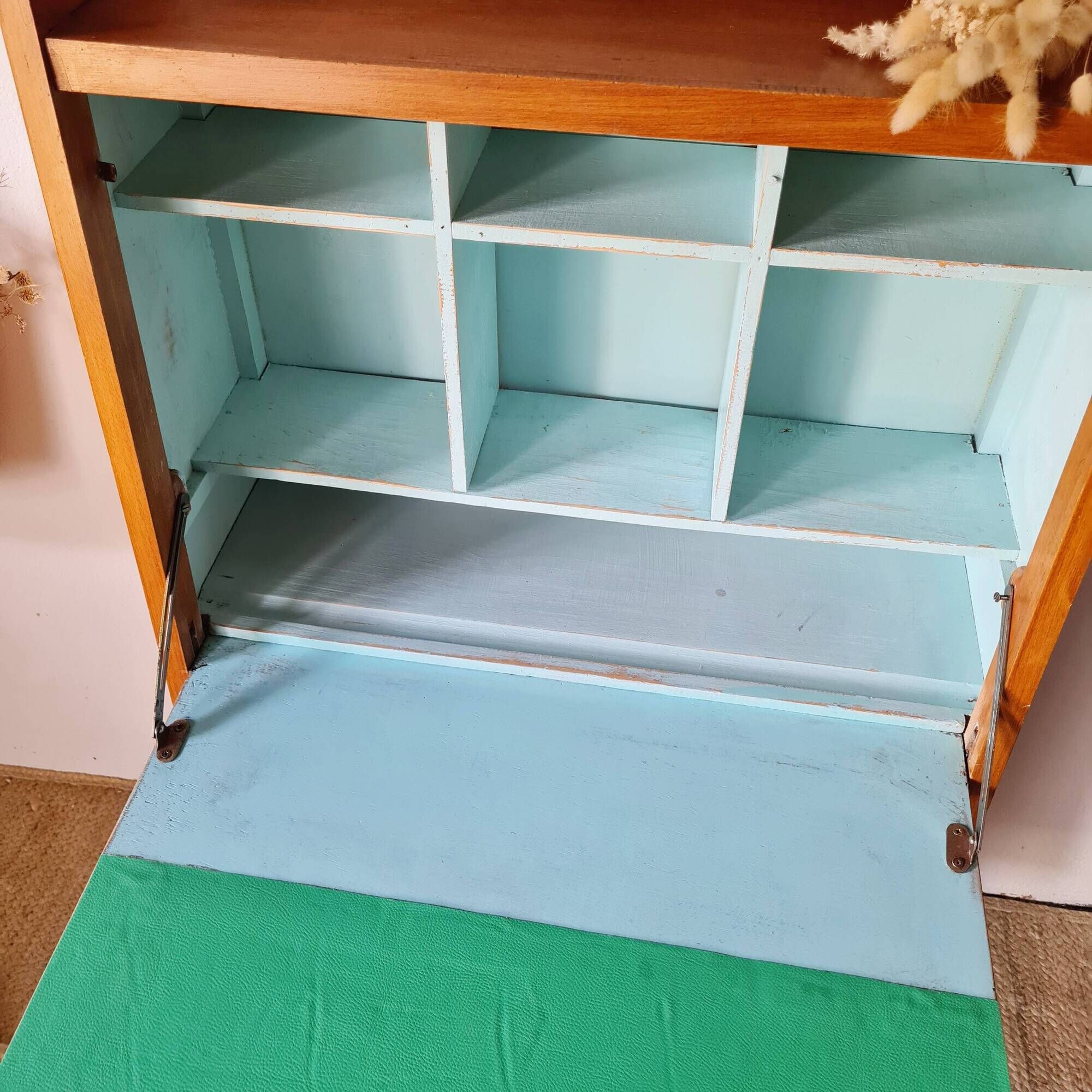 Vintage 1950s wooden secretary with tapered legs and mint interior.