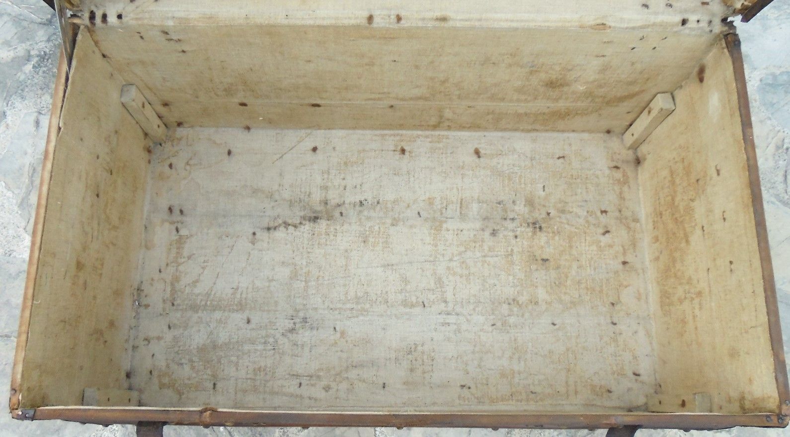 Old wooden and leather trunk, old brass nail trunk and leather strap