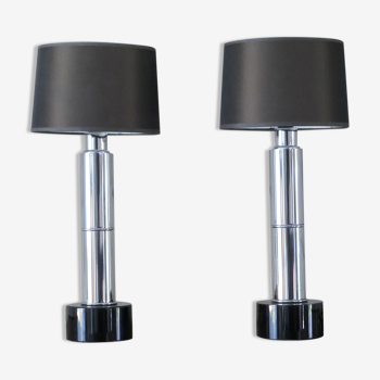 Set de 2 lampes de table bases résine noire et acier chromé années 1970