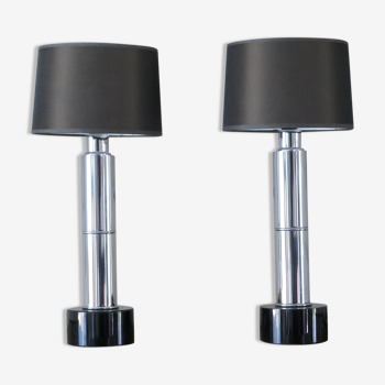 Set of 2 table lamps bases black resin and chrome steel 1970s