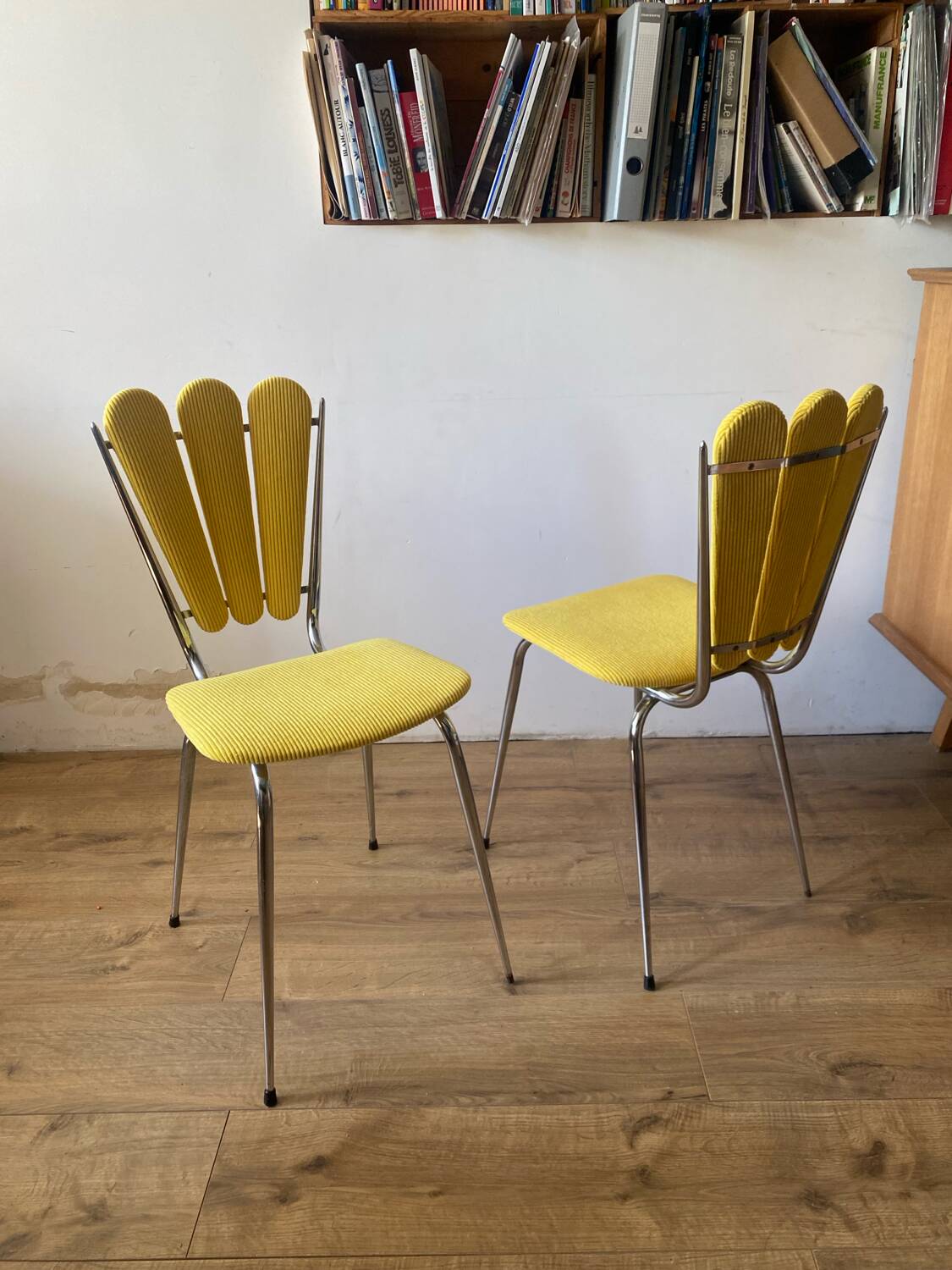 Chrome petal corduroy chairs