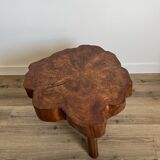 Brutalist coffee table, elm slice, tripod, 1960s