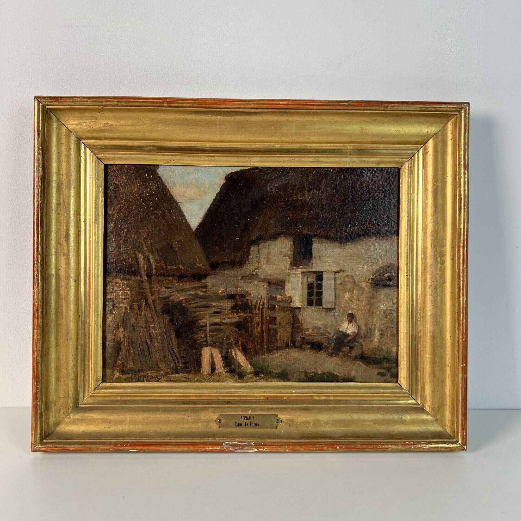 Oil painting on canvas by Adolphe Appian, farm courtyard, Lyon school, 19th century.
