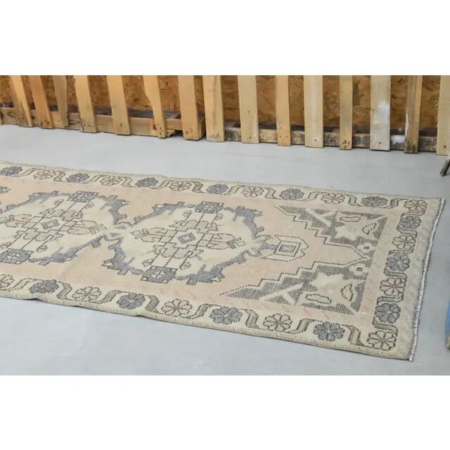 1970s vintage Turkish hand-knotted wool cotton beige runner rug 93x301