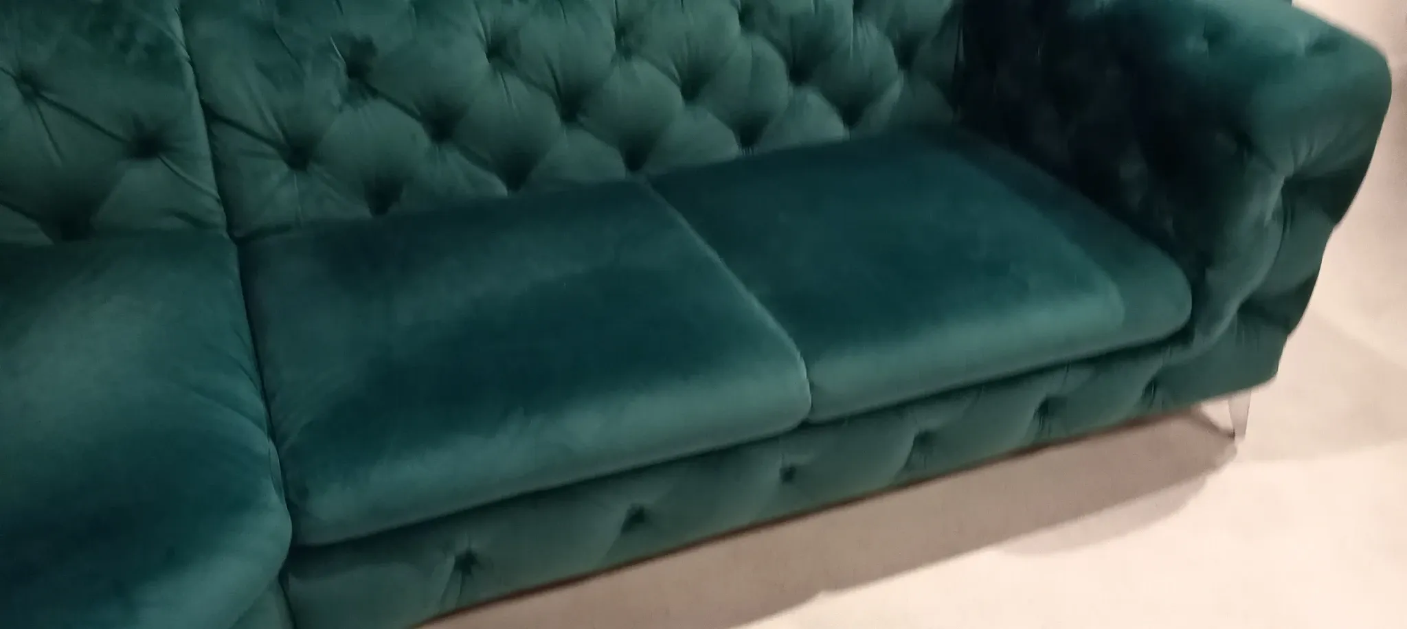 Emerald green velvet Chesterfield corner sofa, 6 seats