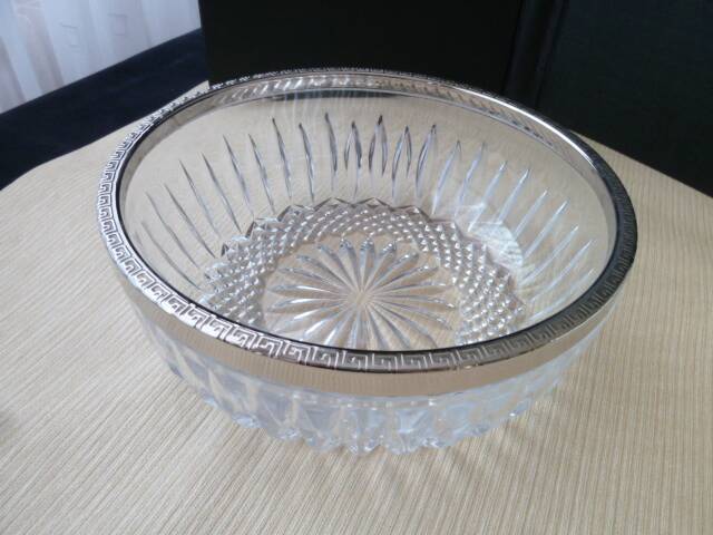 Molded pressed glass salad bowl with silver metal border