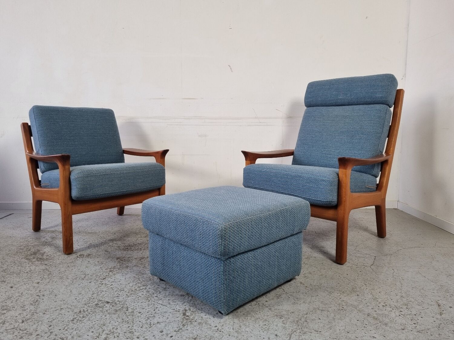 Pair of armchairs and Scandinavian teak ottoman by Juul Kristensen, Denmark 1970s