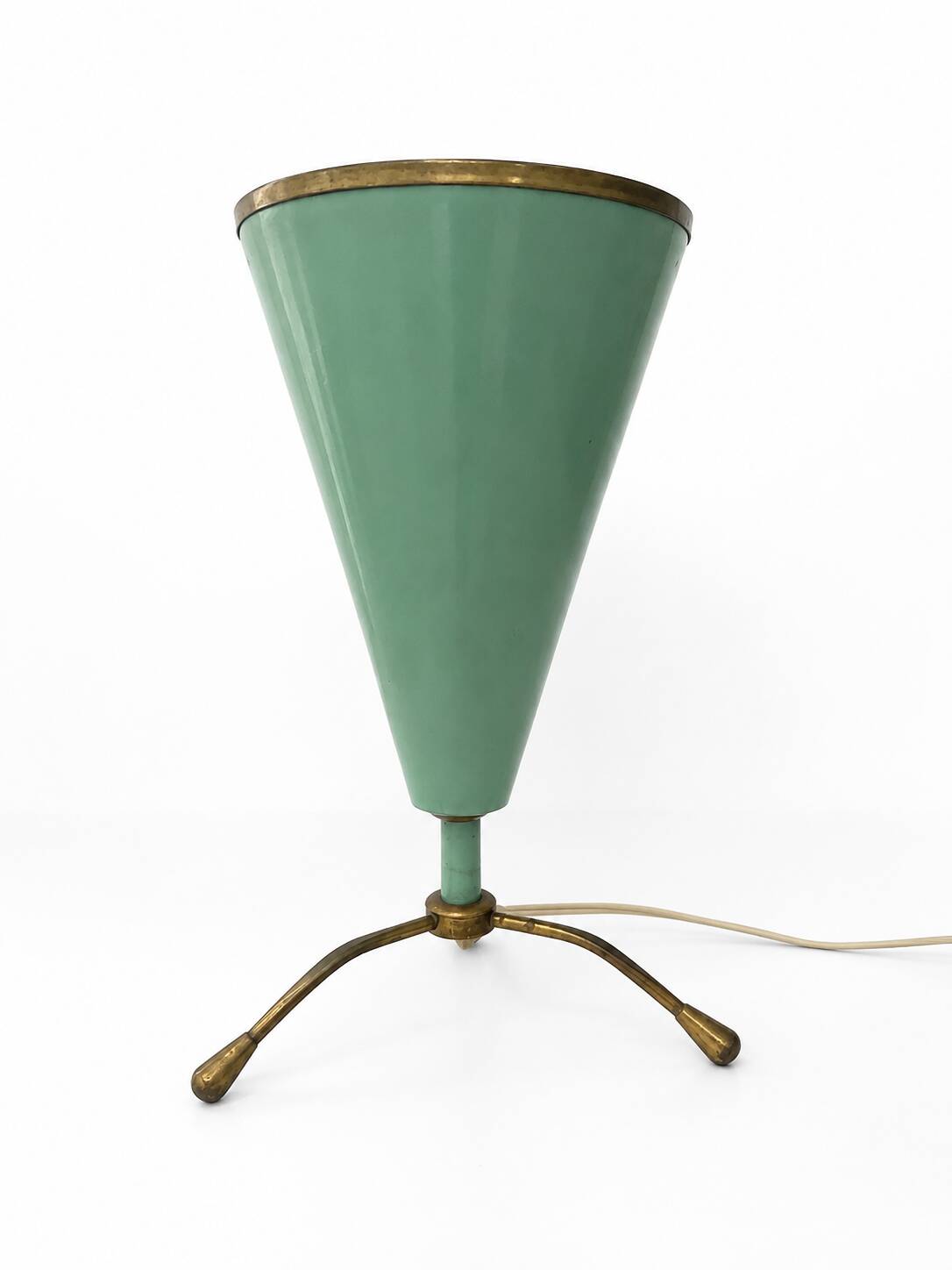 Small Conical Tripod Lamp in Sage Green and Brass Stilnovo Style 1950