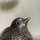 Duo of salt shaker and pepper in the shape of a bird in silver metal and its basket