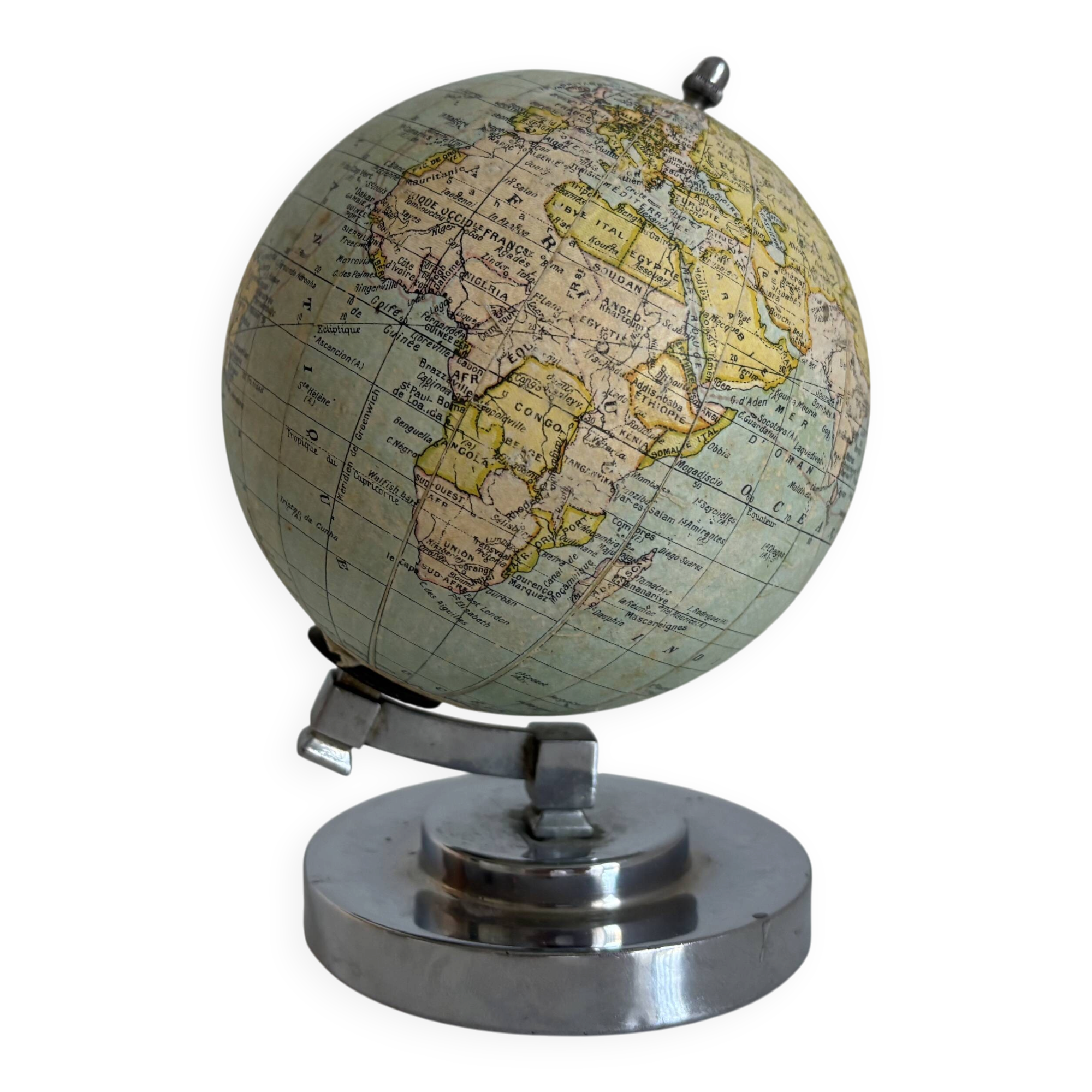Antique French terrestrial globe – Chrome Art Deco base – Circa 1930 – Cart