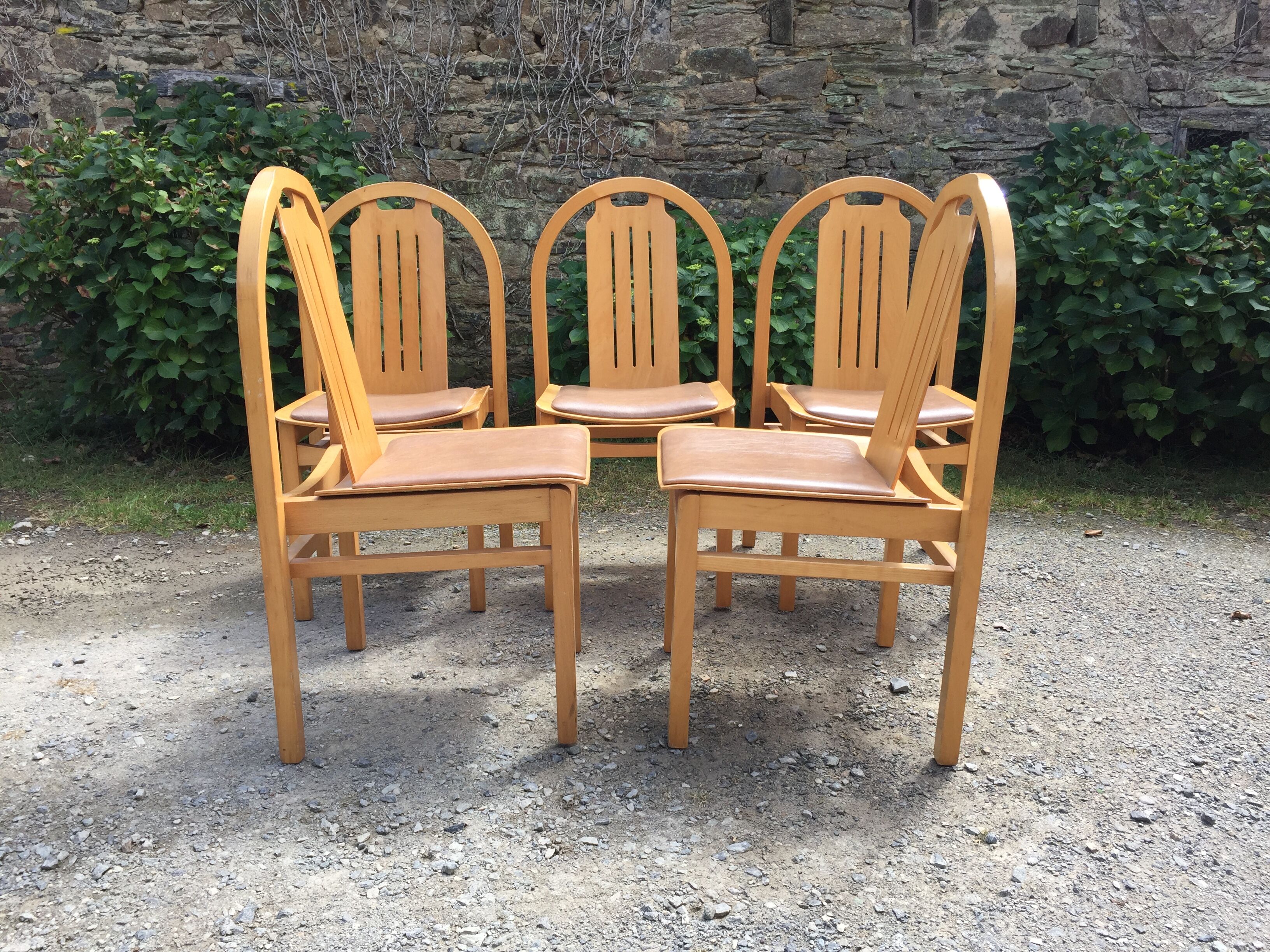 Vintage Baumann chairs in beech, seats in beige brown Skaï, series of 6.