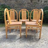 Vintage Baumann chairs in beech, seats in beige brown Skaï, series of 6.