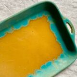 CAB turquoise and ochre ceramic dish with handles