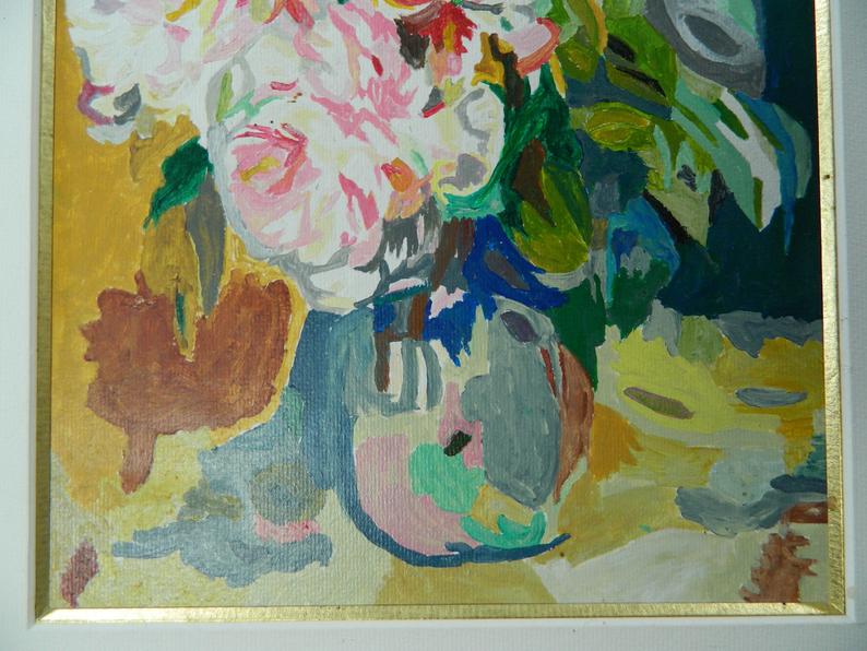 Framed floral oil painting, peony vase