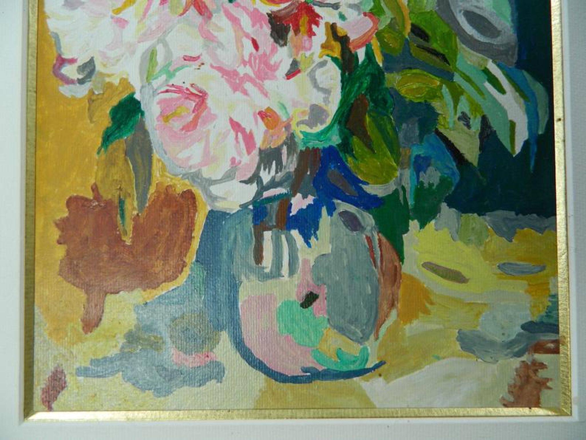 Framed floral oil painting, peony vase