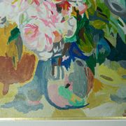 Framed floral oil painting, peony vase