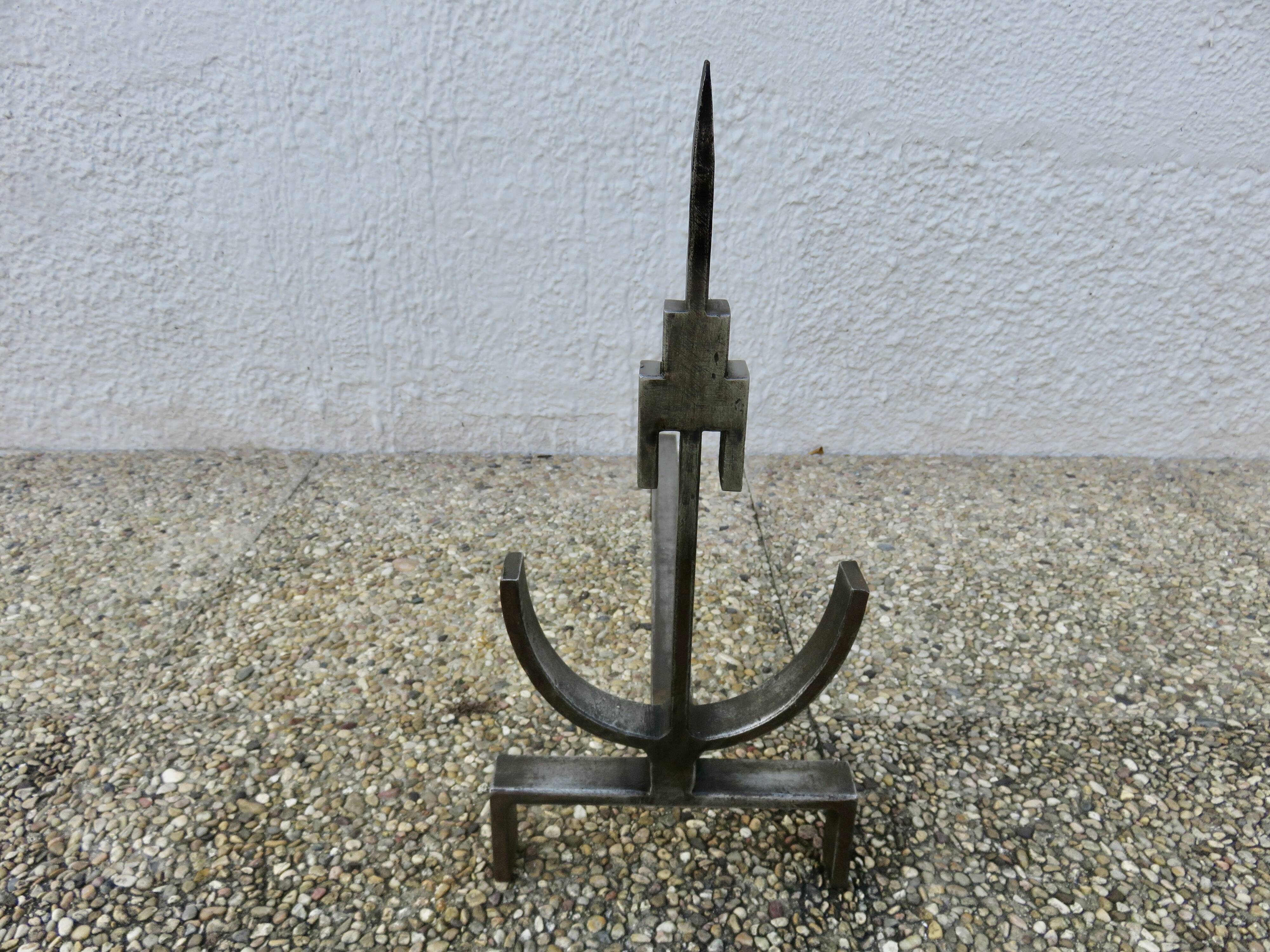 Pair of modernist andirons in forged and hammered steel, French work