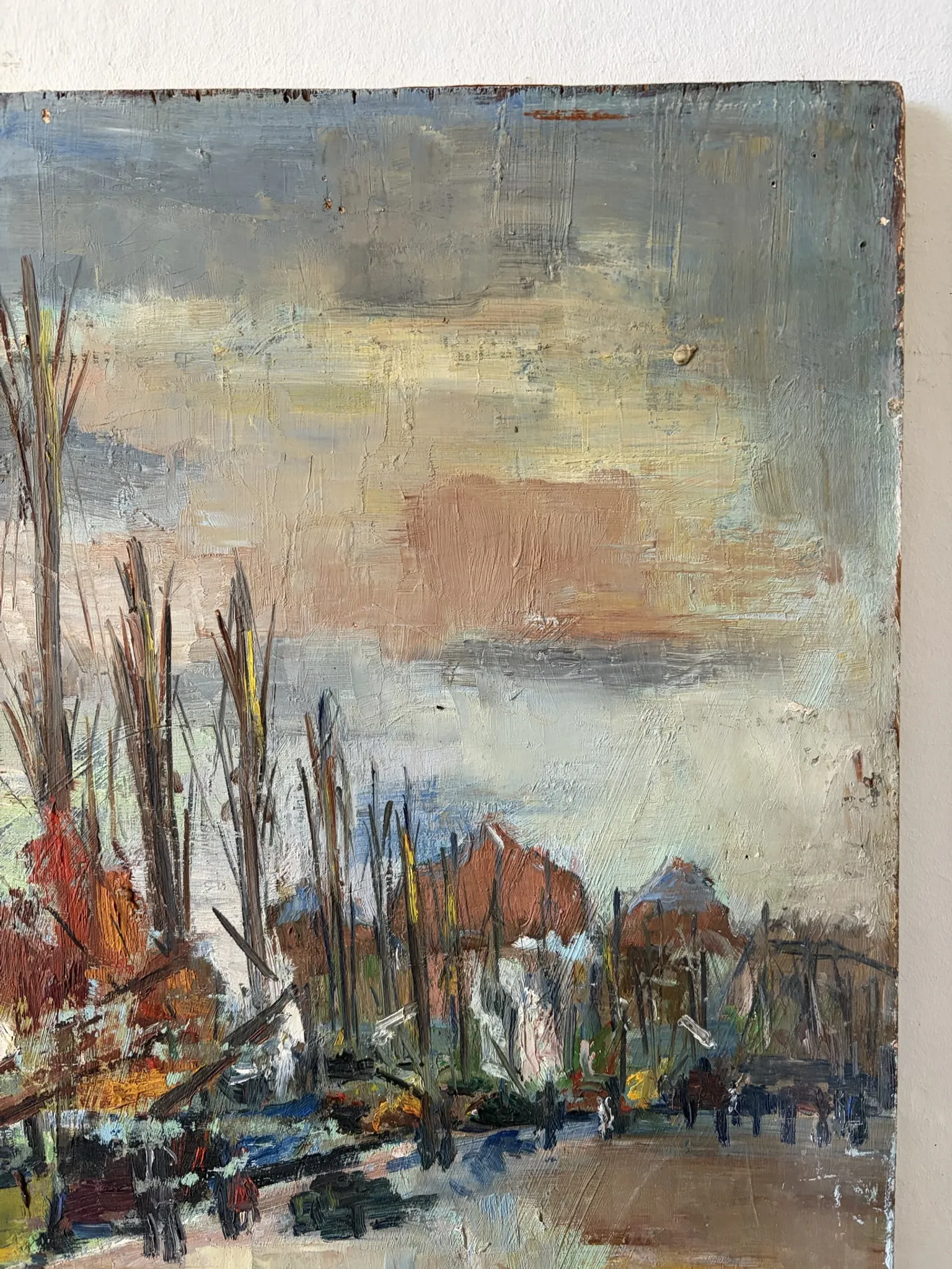Sailboats at the harbour, oil on wood panel