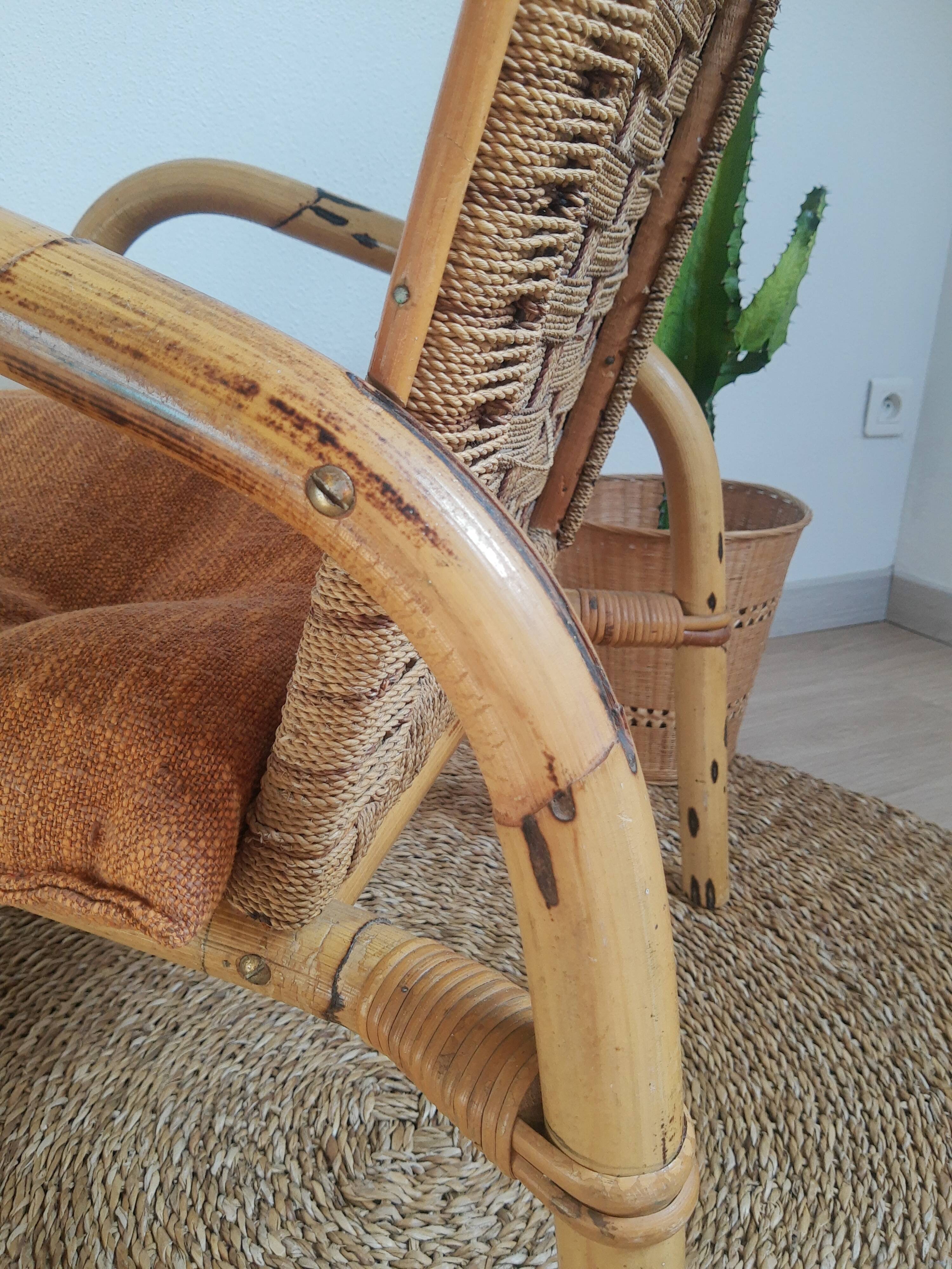 Vintage rattan and braided rope armchair