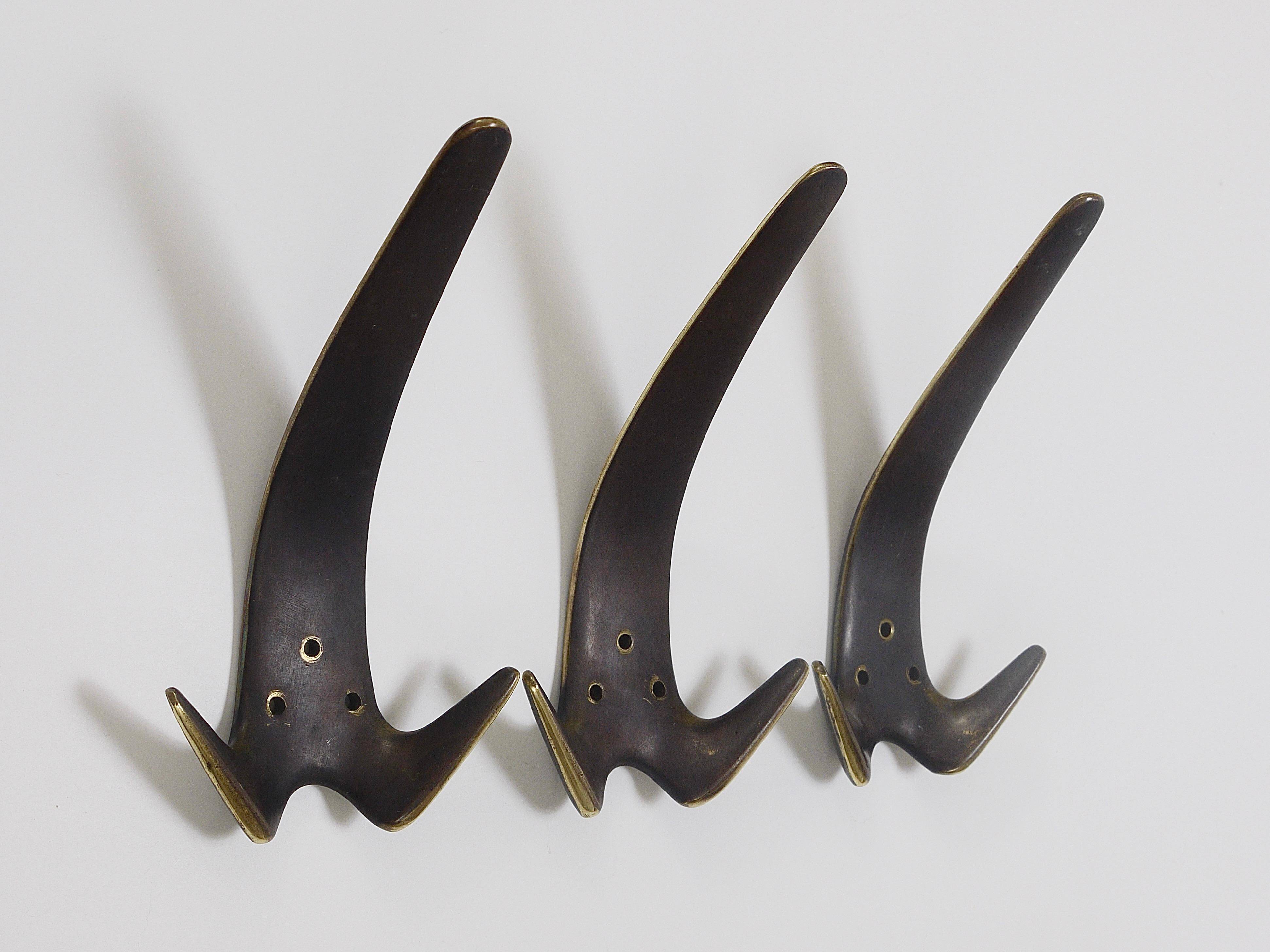 Carl Aubock Two large double wall hooks in brass #4056, Austria, 1950s