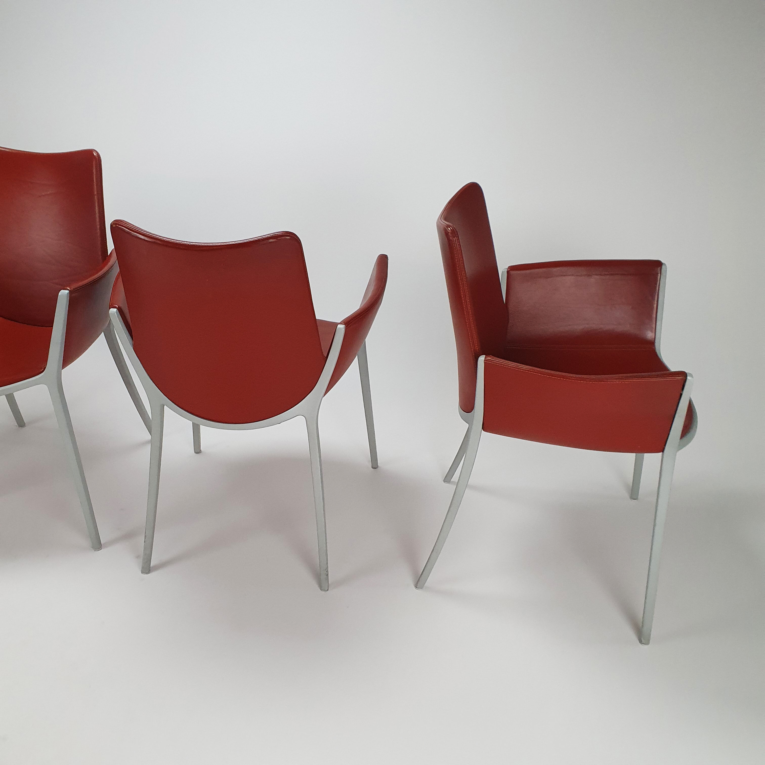 Set of 4 red leather and aluminium duna chairs by Jorge Pensi for Cassina, 1990s