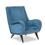 Blue velvet armchair, beech base. 1950s.