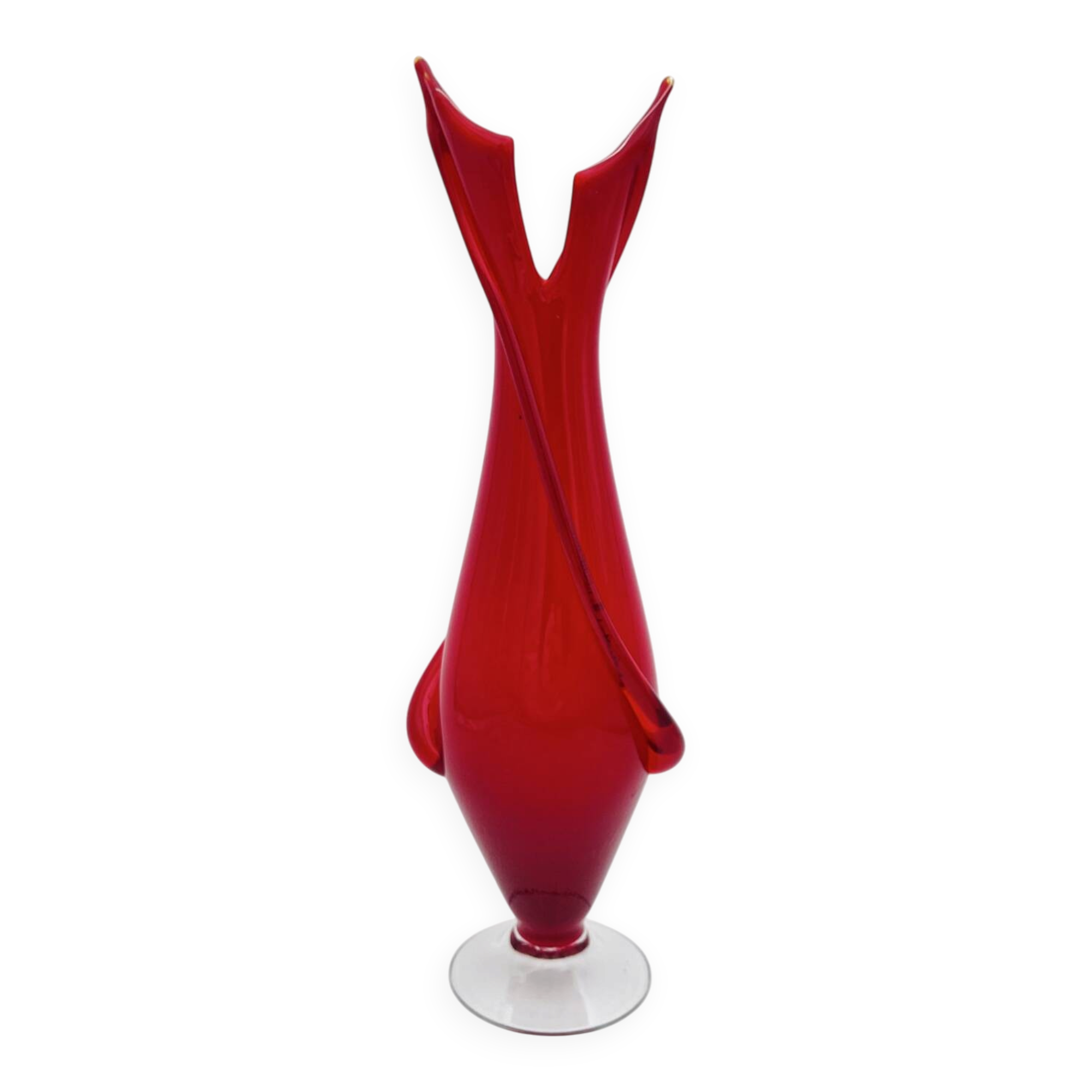 Tulip Vase Fratelli Toso Murano Red Crystal Ribbons 37.5cm