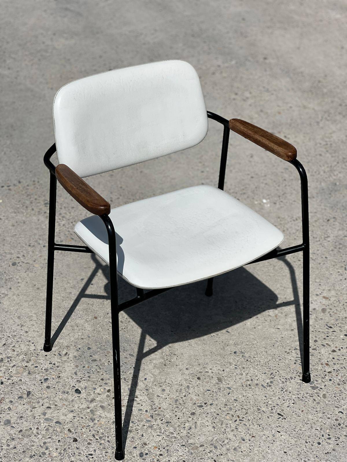 Vintage 1950s metal, oak and faux leather armchair