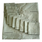 Old tablecloth and its 10 monogrammed GC towels and olive green embroidered - 225x165cm - Métis