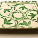 Square Mediterranean glazed earthenware dish with green flowers