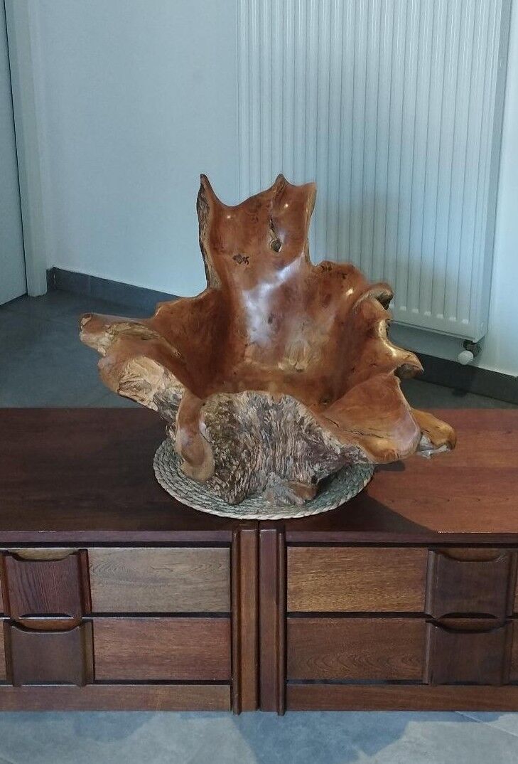 Sculptural wooden centrepiece, organic bowl, brutalist.