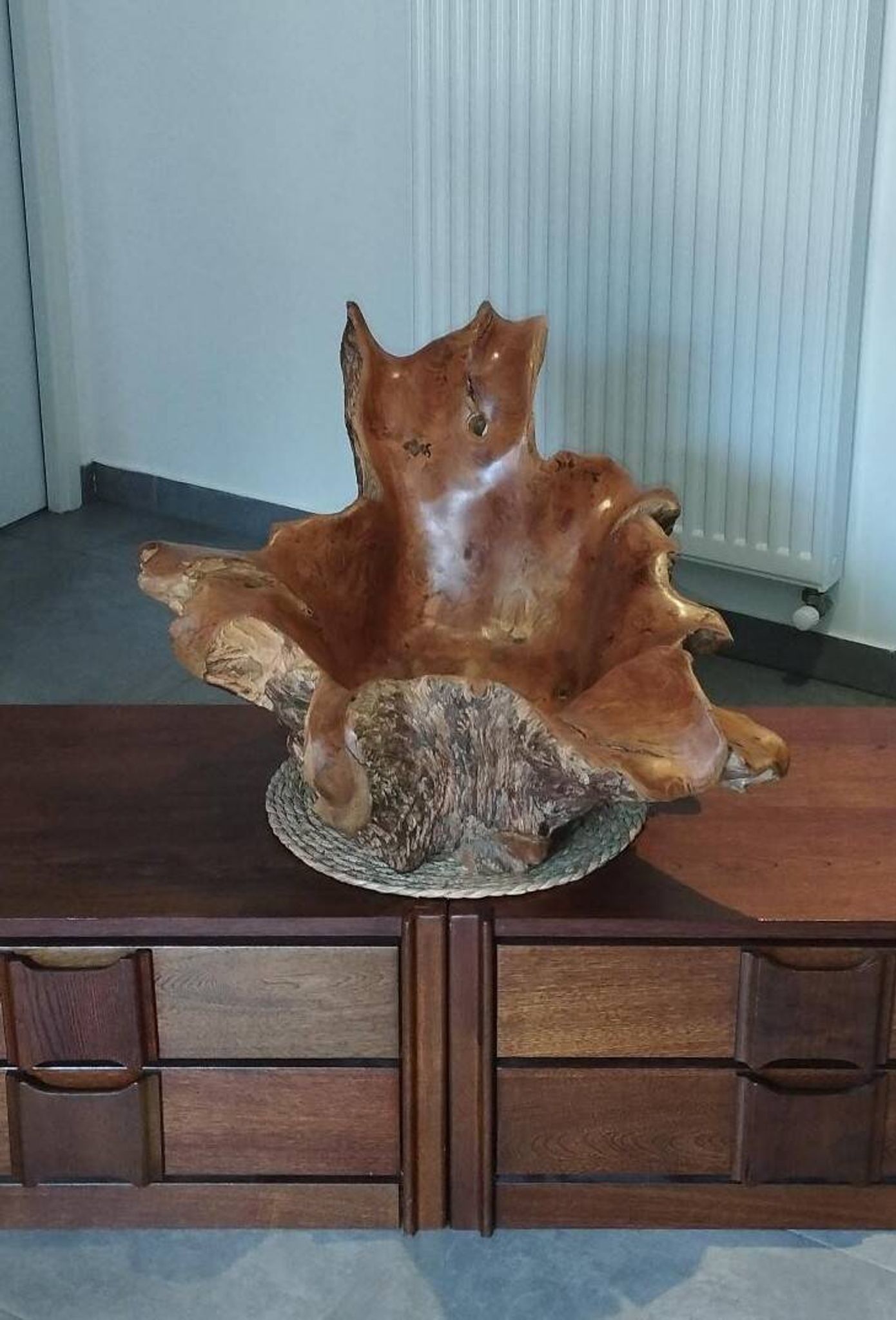 Sculptural wooden centrepiece, organic bowl, brutalist.