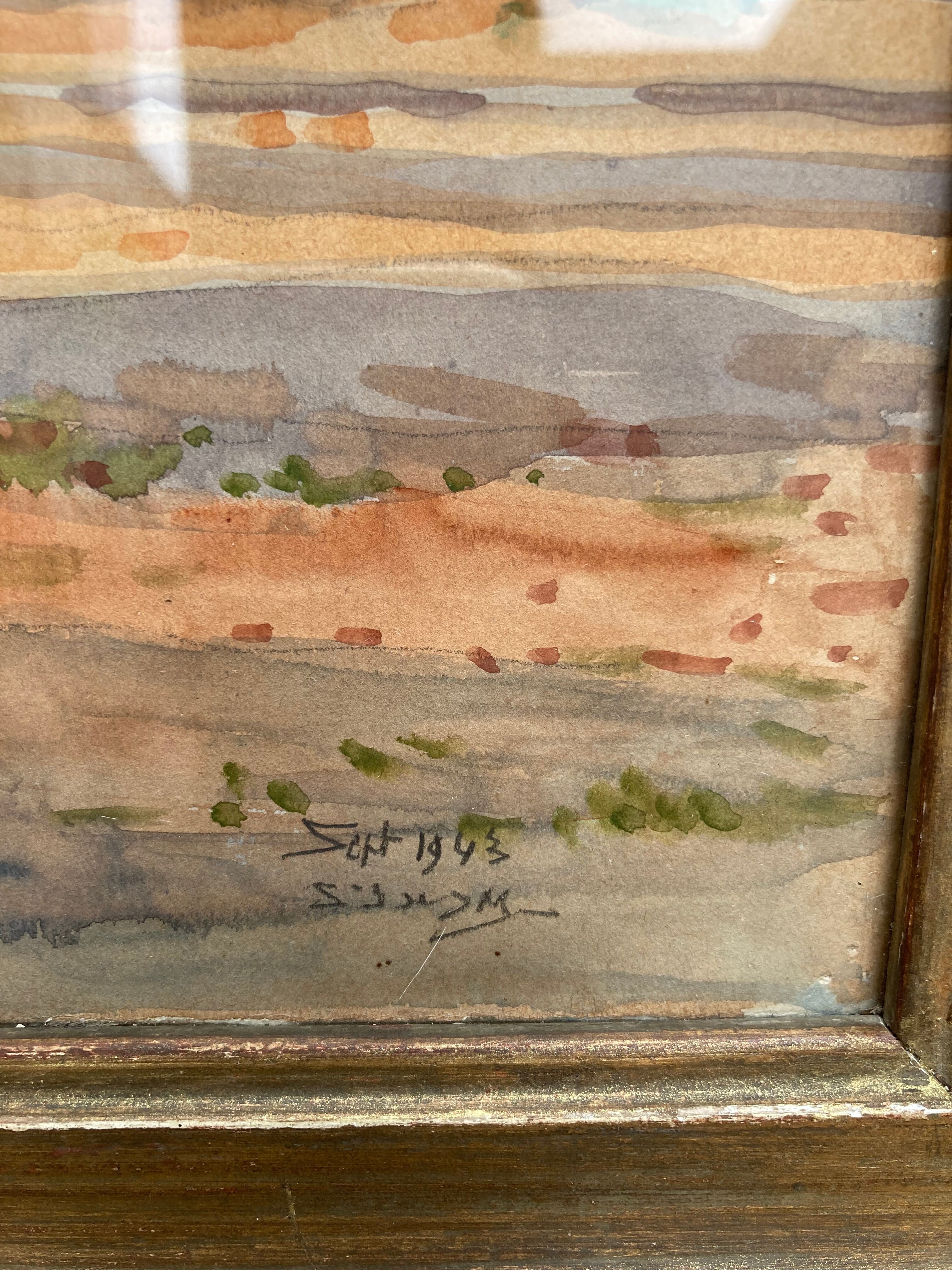 Framed watercolor trees in autumn dated 1943